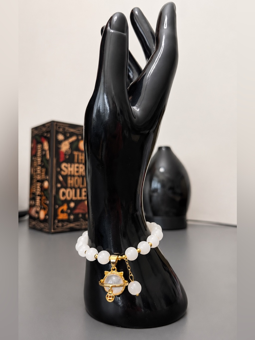 White Beaded Planet Charm Bracelet Gold Tone Stretch Celestial Jewelry Gift